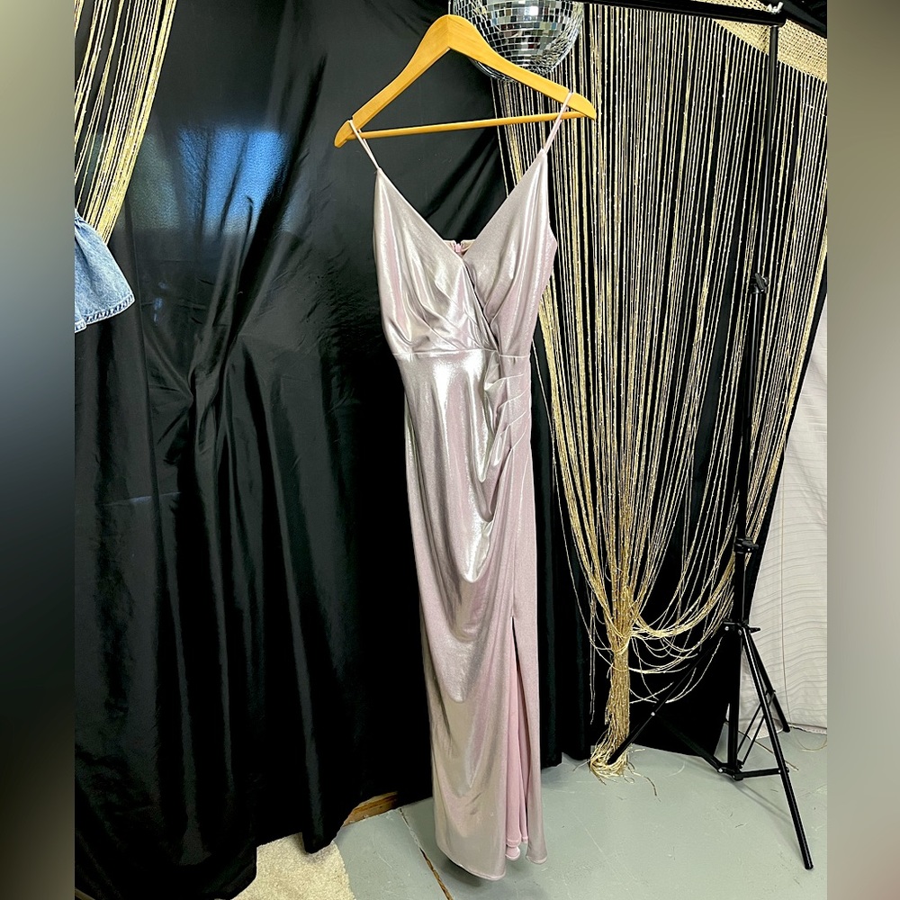 DB Studio Metallic Pink Floor Length Sheath Dress with Side Slit Size 2